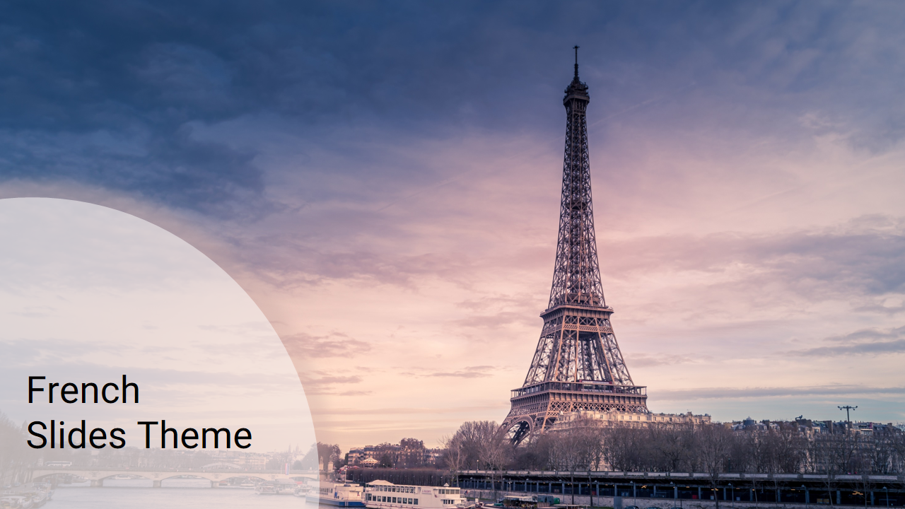 Paris skyline featuring the Eiffel Tower under a cloudy sky, and a translucent white overlay on the left containing text.