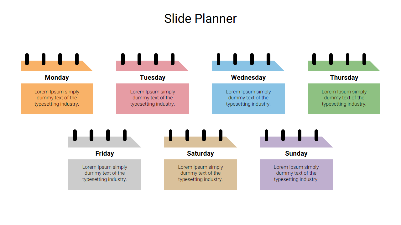 Weekly planner slide with colorful sticky notes labeled Monday to Sunday, each containing placeholder text areas.