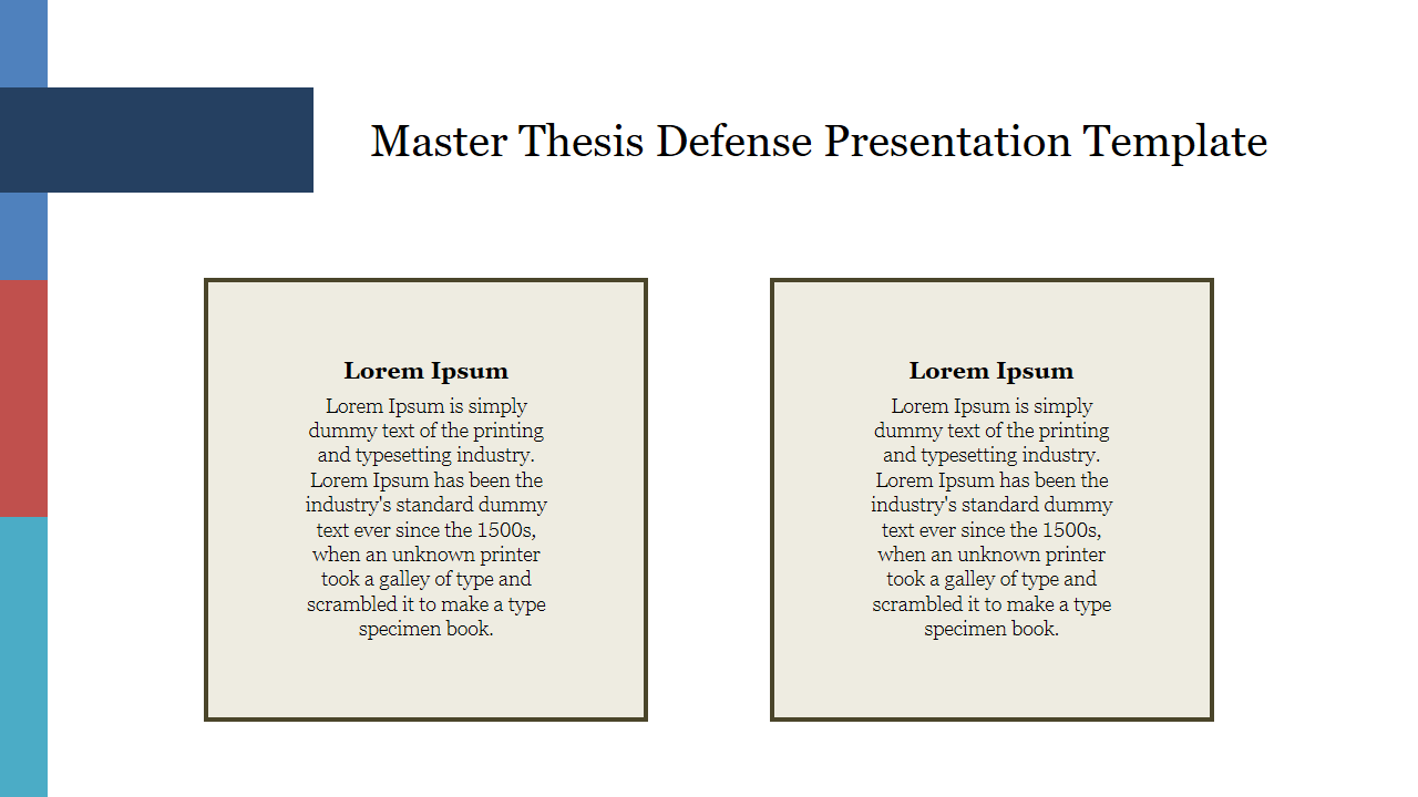 Master thesis defense slide with two text boxes featuring placeholder text, a clean layout, and a minimalist design.