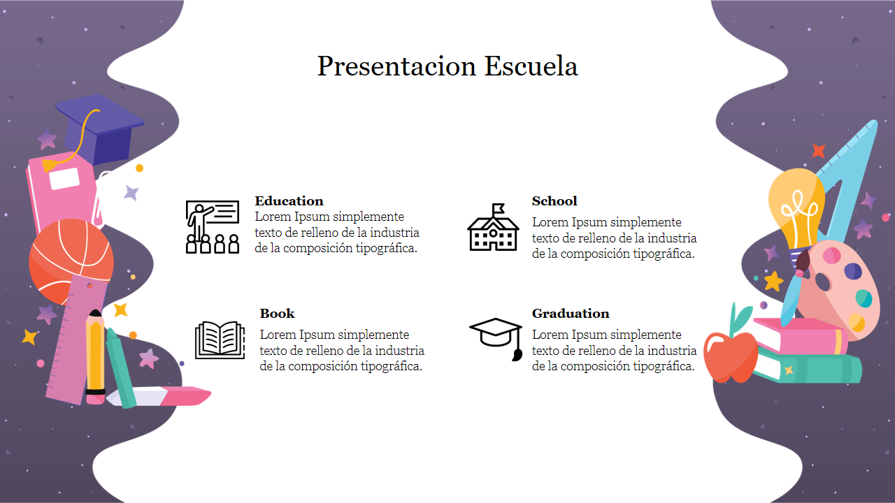 Escuela slide with four icons for various education topics, set on a whimsical background of books, pencils, and stars.