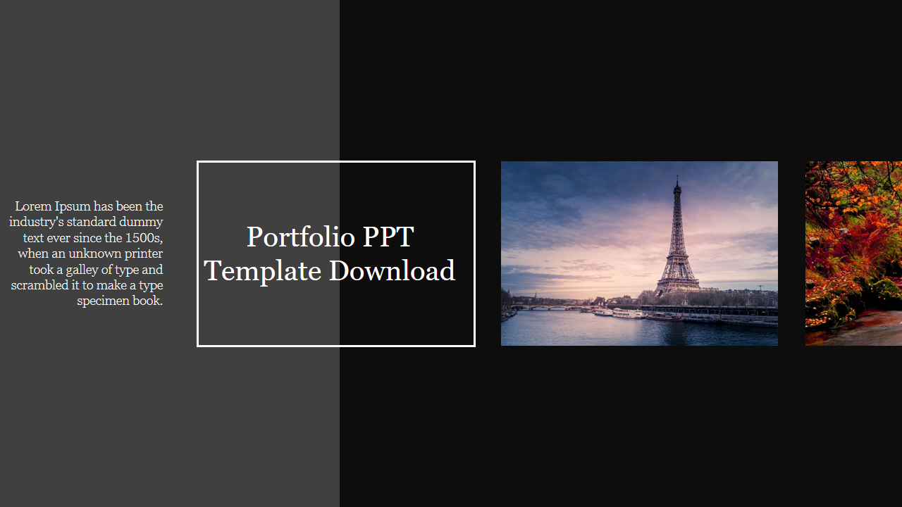 Dark themed portfolio slide with a central title box and two images featuring the Eiffel Tower and a scenic autumn view.