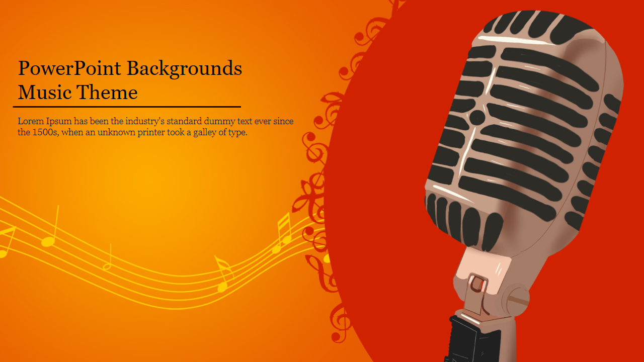 Retro microphone on a red circular overlay with swirling music notes and text, on an orange background.