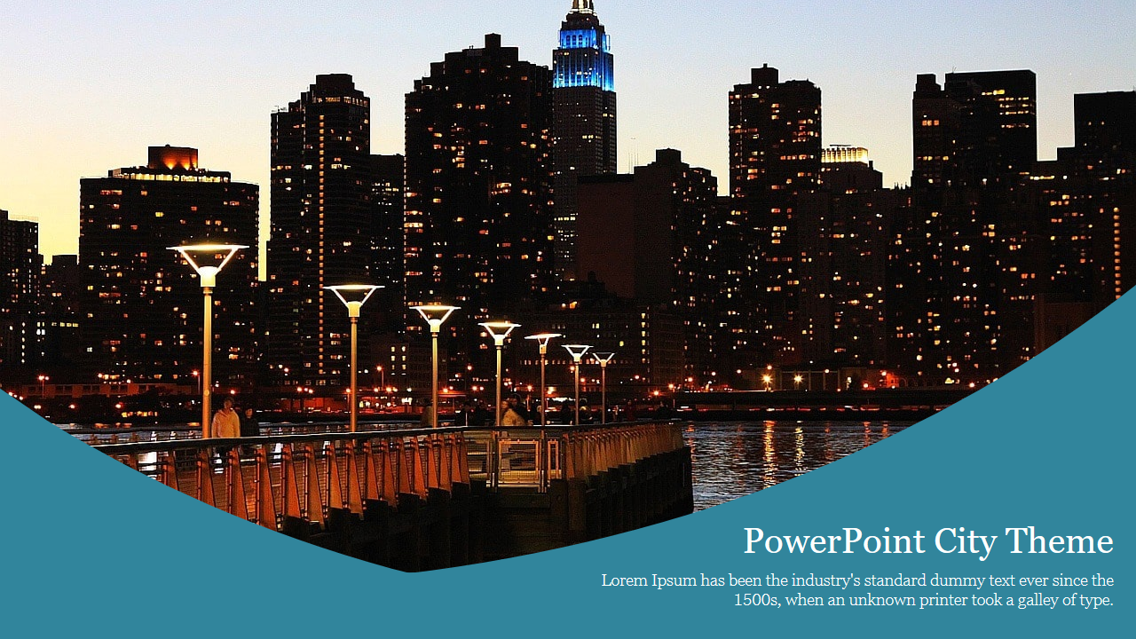 City skyline at night with lit buildings and a pier, paired with a PowerPoint city theme template.