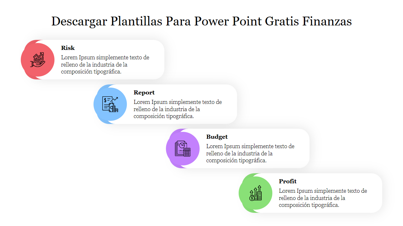 Descargar plantillas para PowerPoint gratis finanzas slide showcasing four financials with icons each with placeholder text.