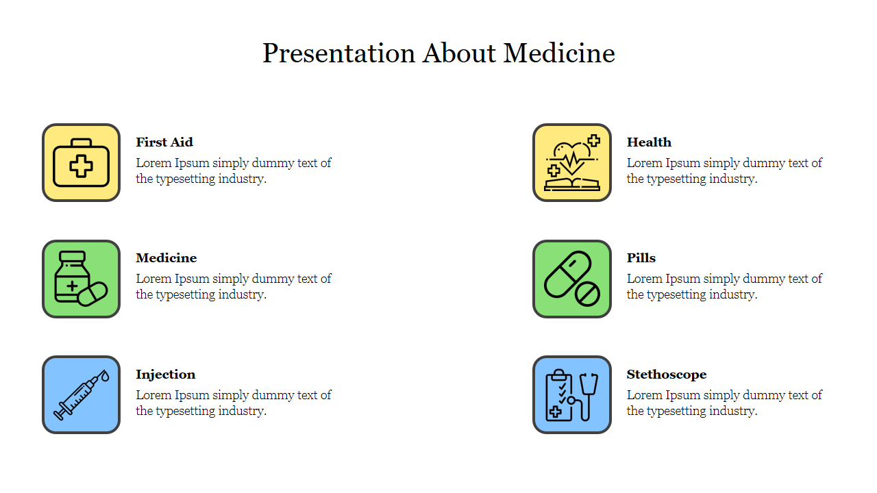 Medical slide with six sections featuring healthcare related icons in yellow, green, and blue, arranged in two columns.