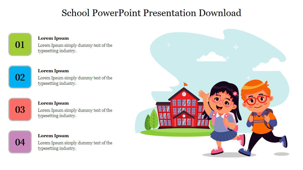 School-themed slide with an illustration of two kids walking near a school, and four colored sections with caption areas.