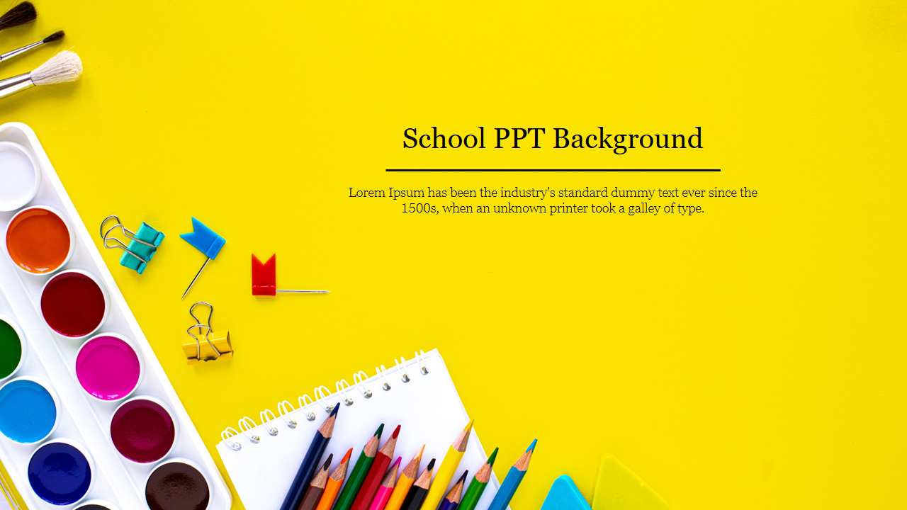 School background slide featuring a vibrant yellow backdrop with art supplies on the left.