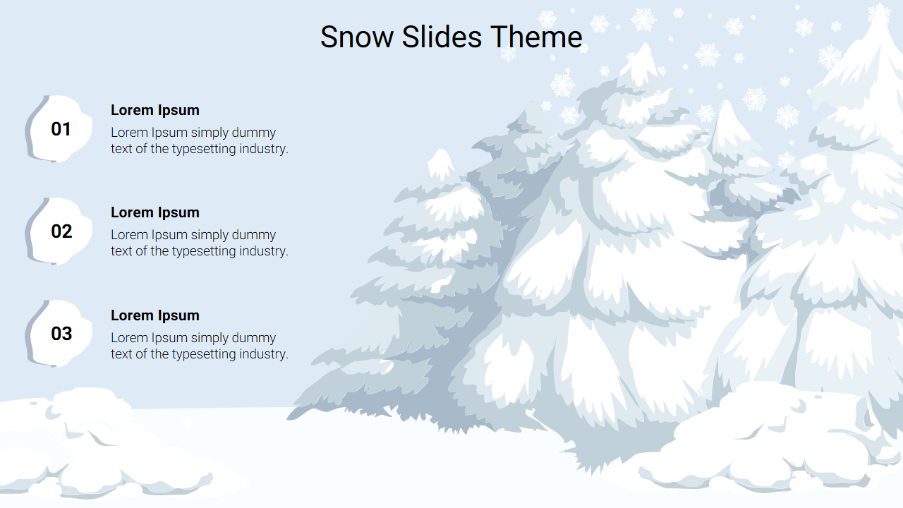 Slide featuring a winter landscape with snow covered trees and placeholders for text on a white and light blue theme.