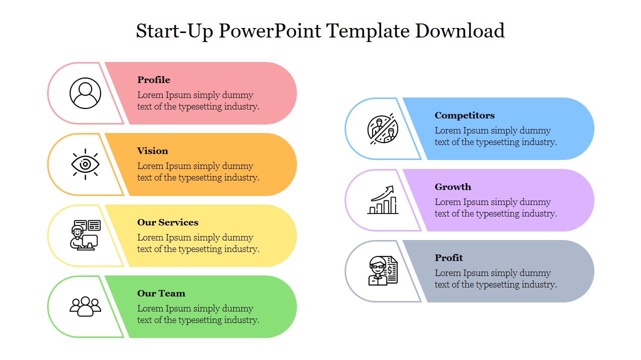 Startup template with rounded rectangles in pastel tones of red, orange, yellow,  green, blue, purple, and gray, with icons.