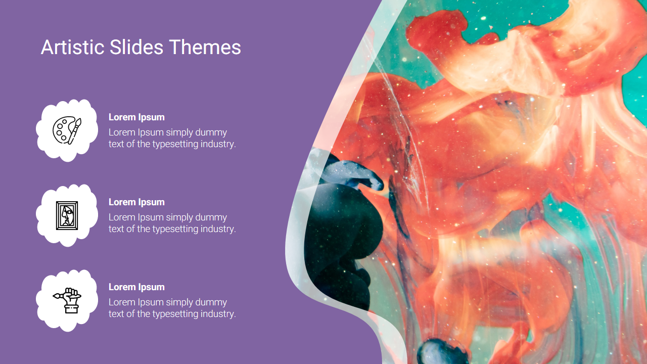 Artistic themed slide with a colorful abstract painting on the right and three sections with icons on a purple background.