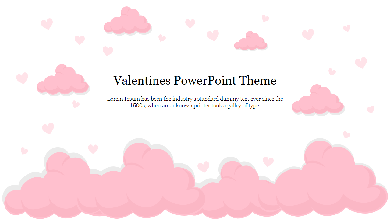 Cute valentine's themed slide featuring pink clouds and hearts against a white background.