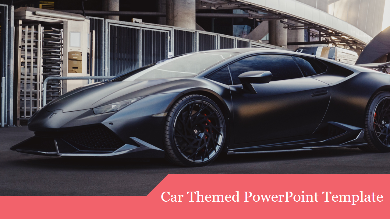 Car themed Template sleek black sports car parked in an urban setting with a red banner at the bottom.