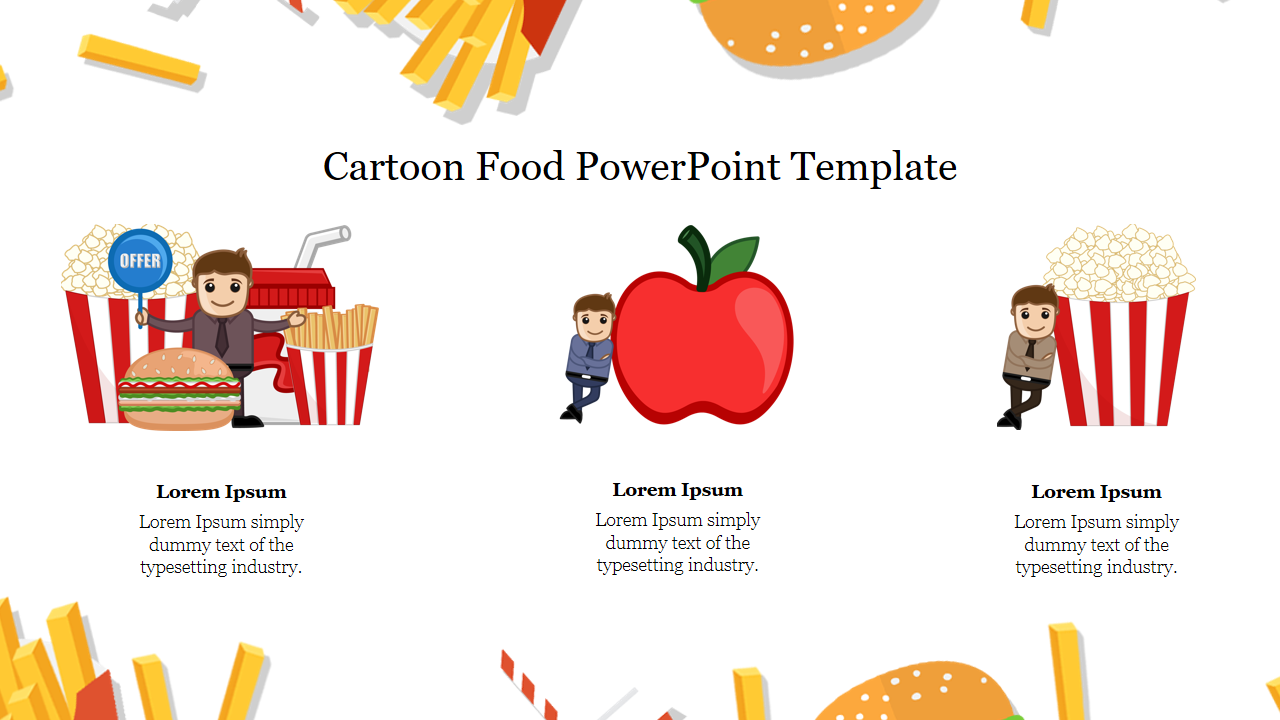 Three cartoon food items of burger, apple, and popcorn, with characters beside them, in a playful layout.