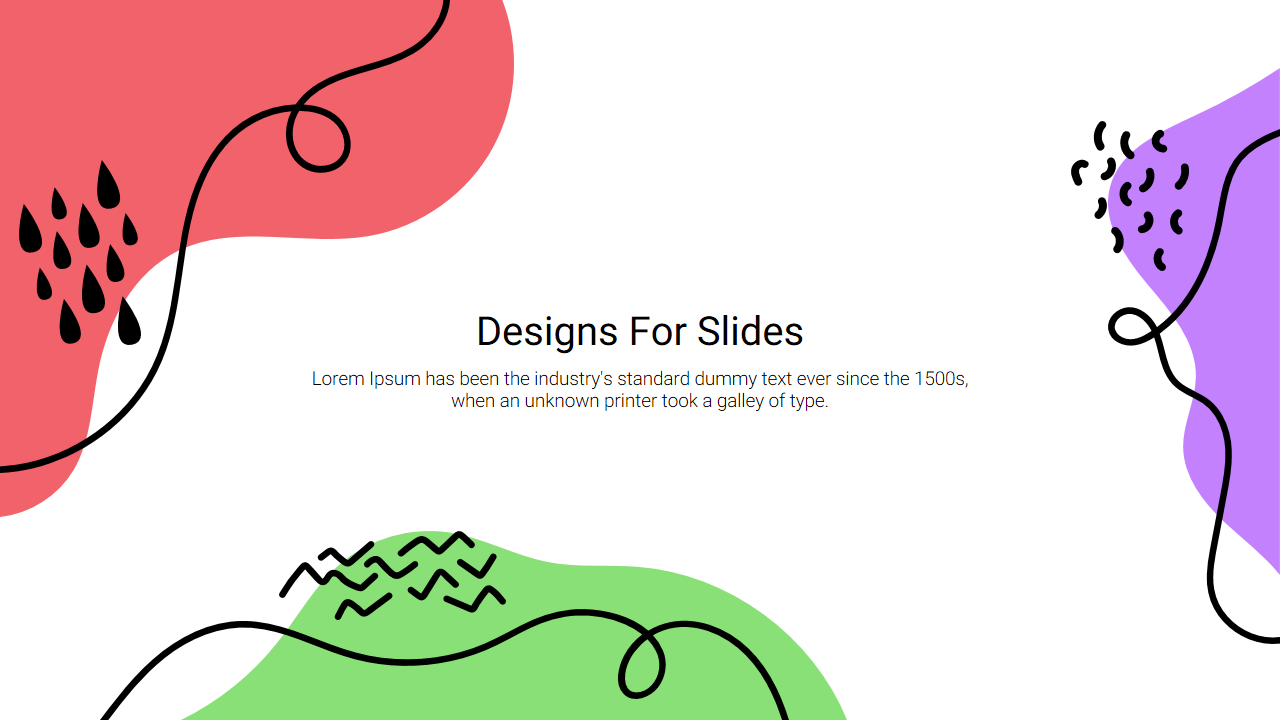 Slide with a central title, surrounded by abstract shapes in red, green, and purple with decorative black lines and icons.