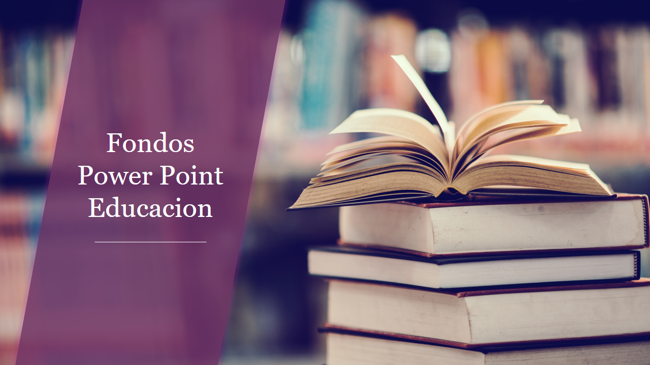 Education-themed background featuring an open book on a stack of books, with text in Spanish on a purple banner.