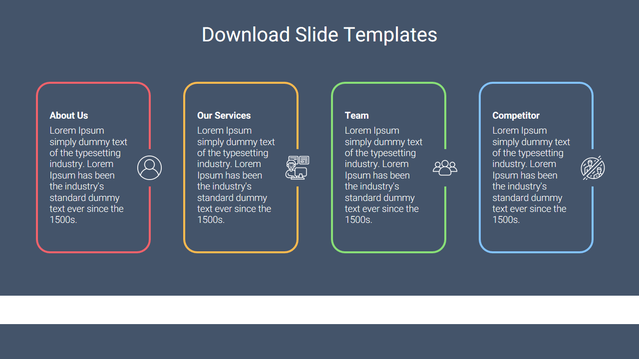 Template with four boxes, each containing placeholder text and icons for company details and services.