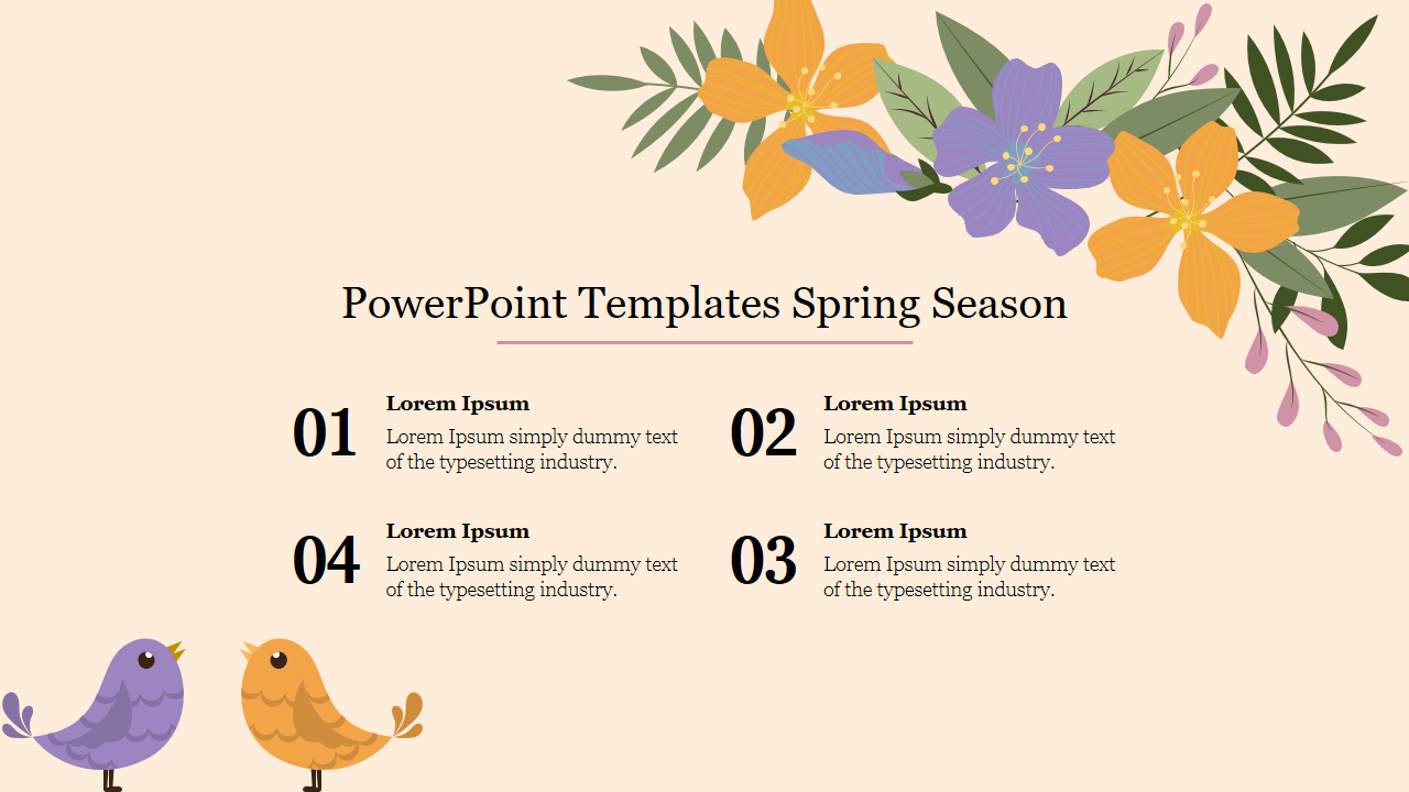 Spring themed PowerPoint template featuring colorful flowers, leaves, and cheerful cartoon birds.