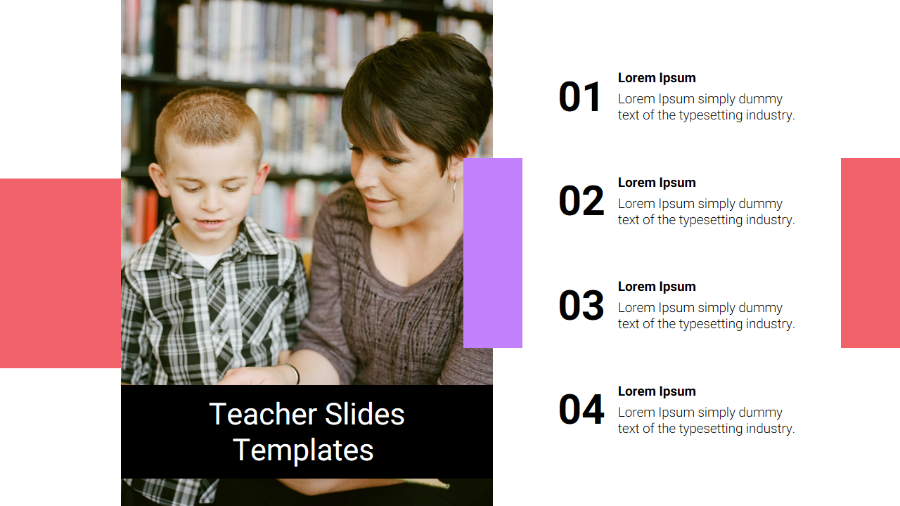 Teacher Google Slide template with four sections and placeholders for text with an image.