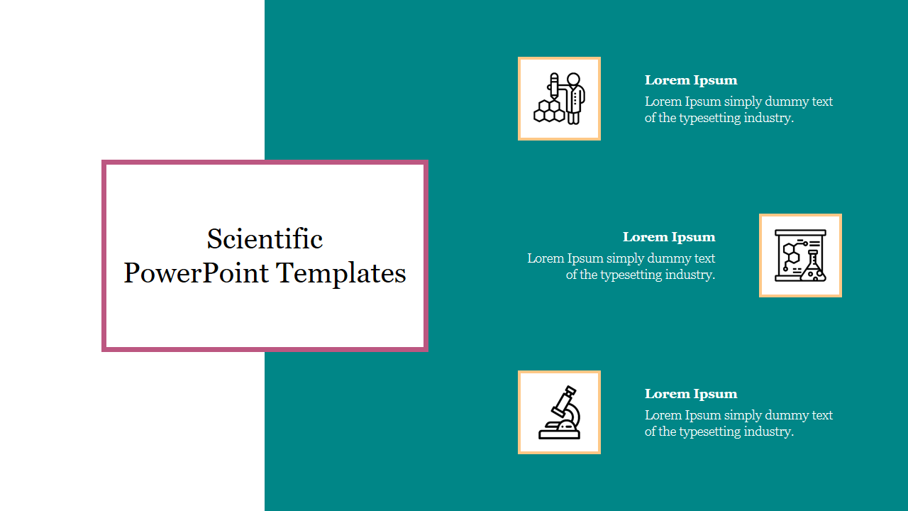 Slide displaying icons related to science, including research and laboratory imagery with text on a teal backdrop.