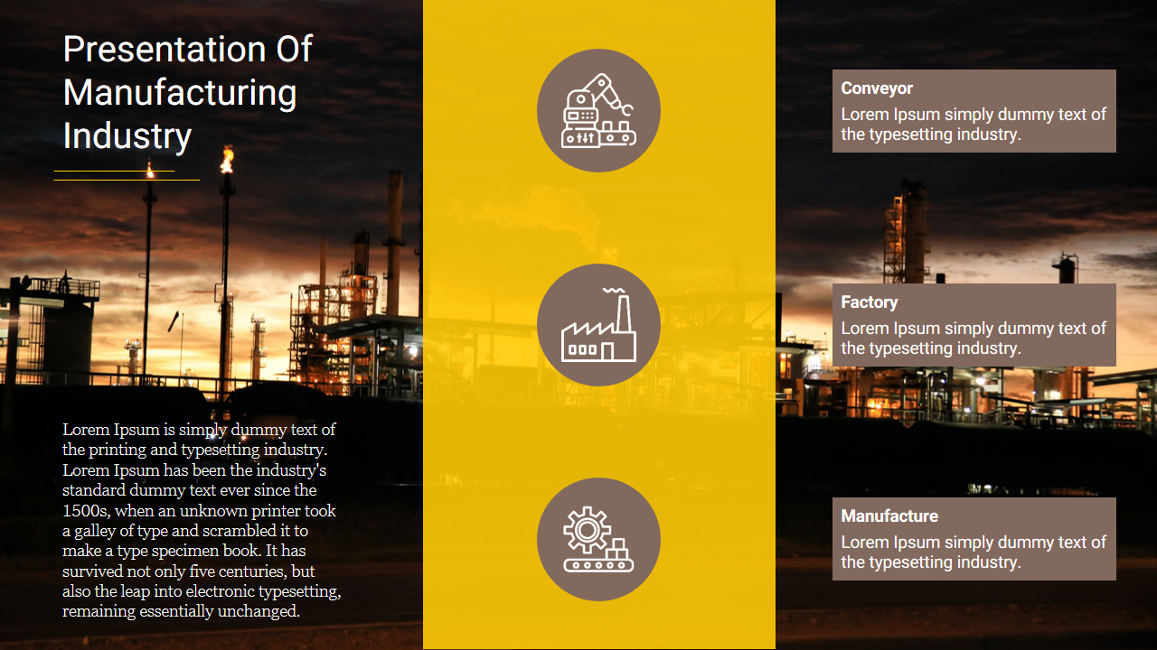 Manufacturing industry slide featuring industrial images with a bold color scheme and icons with placeholder text.