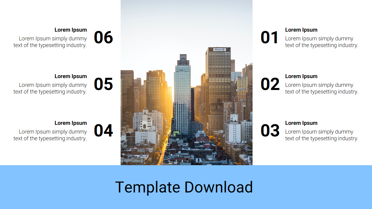 Slide with a photo of a city skyline and six numbered text sections around it, highlighted by a blue footer.