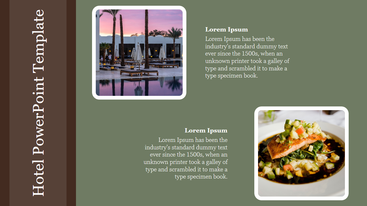 Hotel PowerPoint template featuring images of a luxurious poolside setting and a gourmet dish with text placeholders.