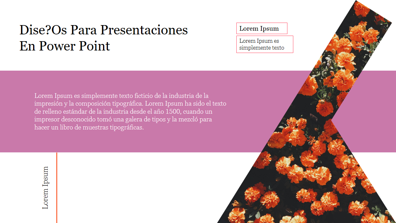 Dise Os Para Presentaciones En PowerPoint with pink and orange tones, featuring floral accents and text boxes.