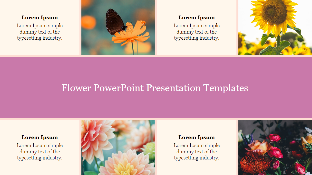 Slide showcasing four flower images and text sections alternatively, with a pink banner in the center.