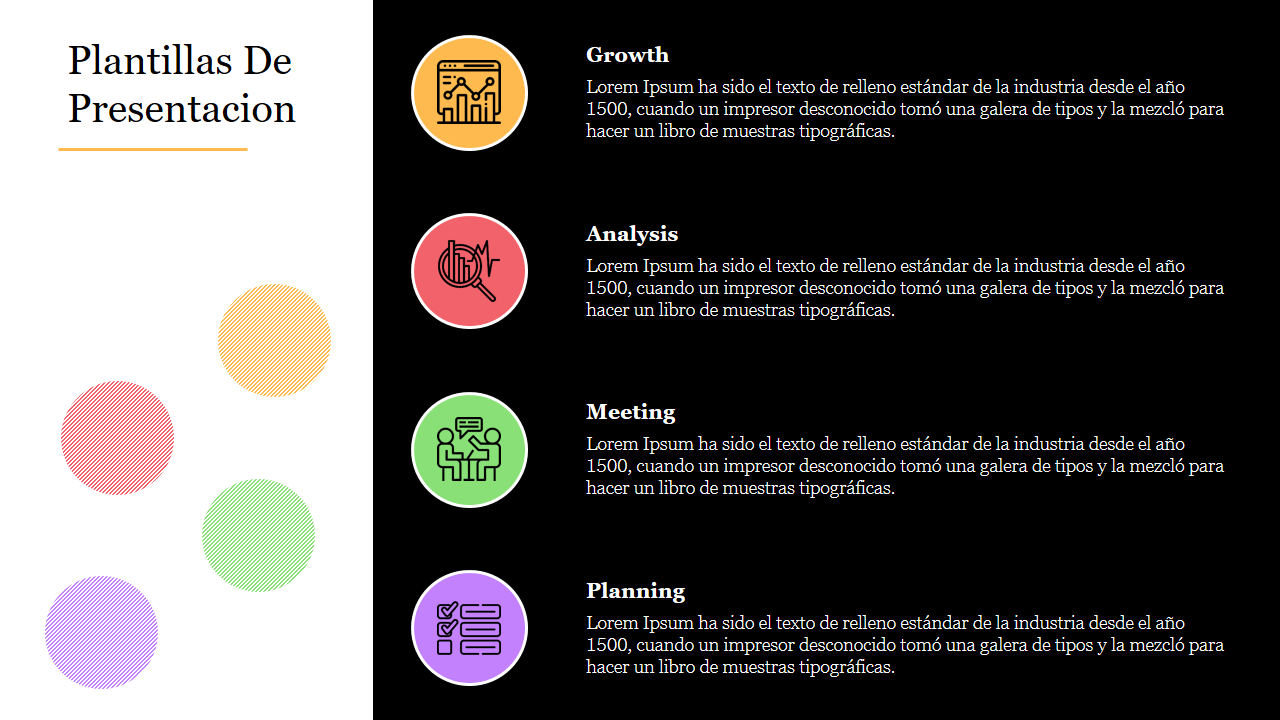 Plantillas de presentacion with four circular icons in red, yellow, green, and purple arranged vertically on a dark backdrop.