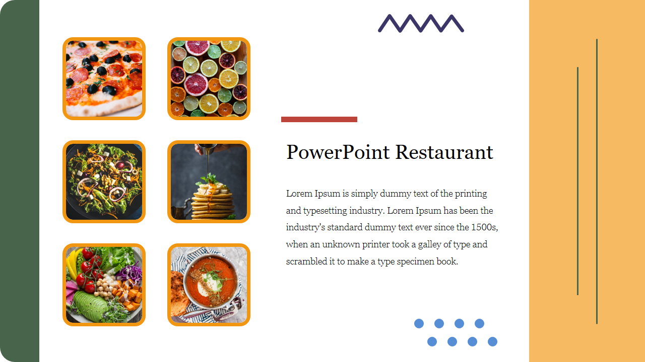 Restaurant themed PowerPoint slide featuring six food images and a text description section.