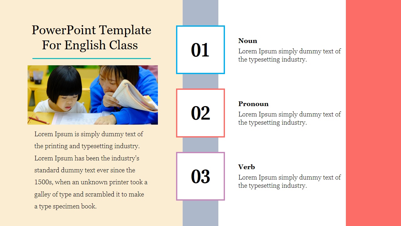 English class slide featuring three key language topics nouns, pronouns, and verbs with a student teacher interaction photo.