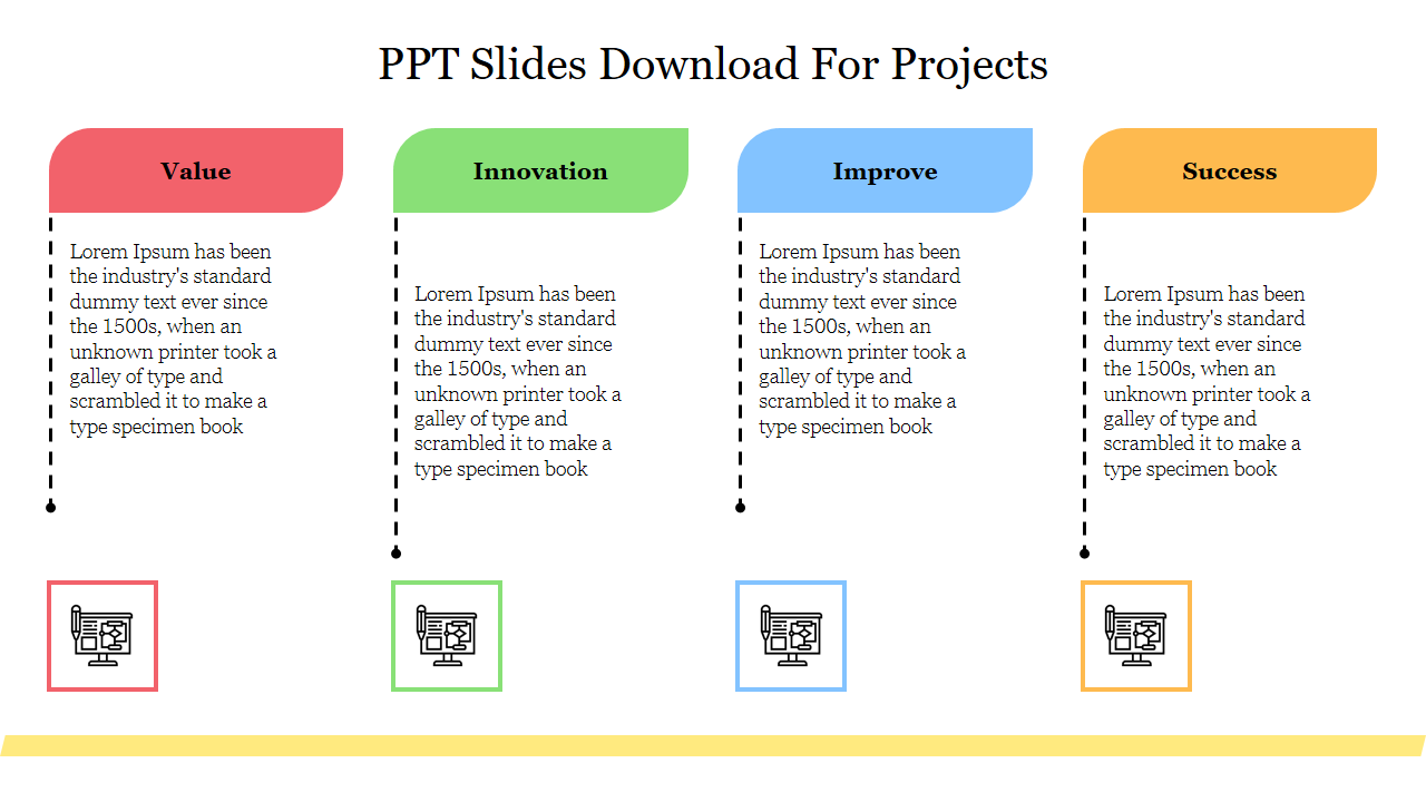 Slide with four blocks in red, green, blue, and yellow, each containing text and an icon representing project steps.