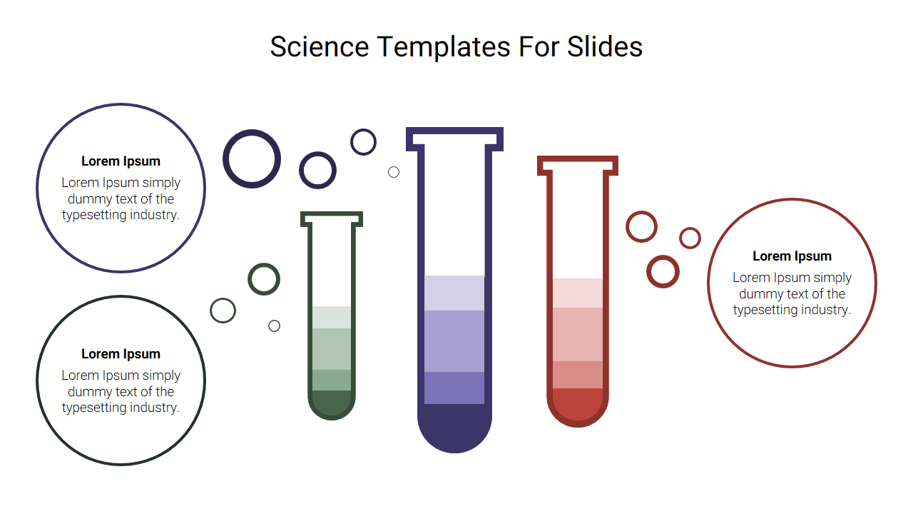 Science slide with three test tubes in green, blue, and red, surrounded by colored bubbles and text circles.