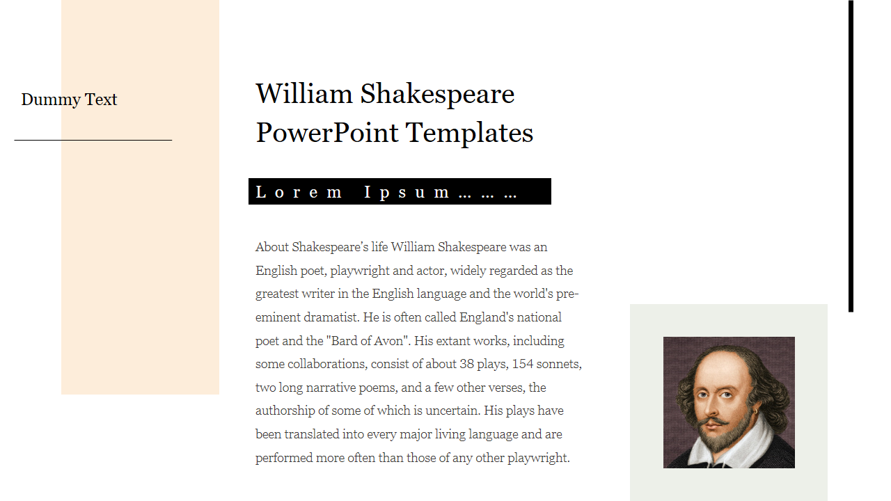 Slide with a description of William Shakespeare life and works, featuring a small portrait of him on the right.