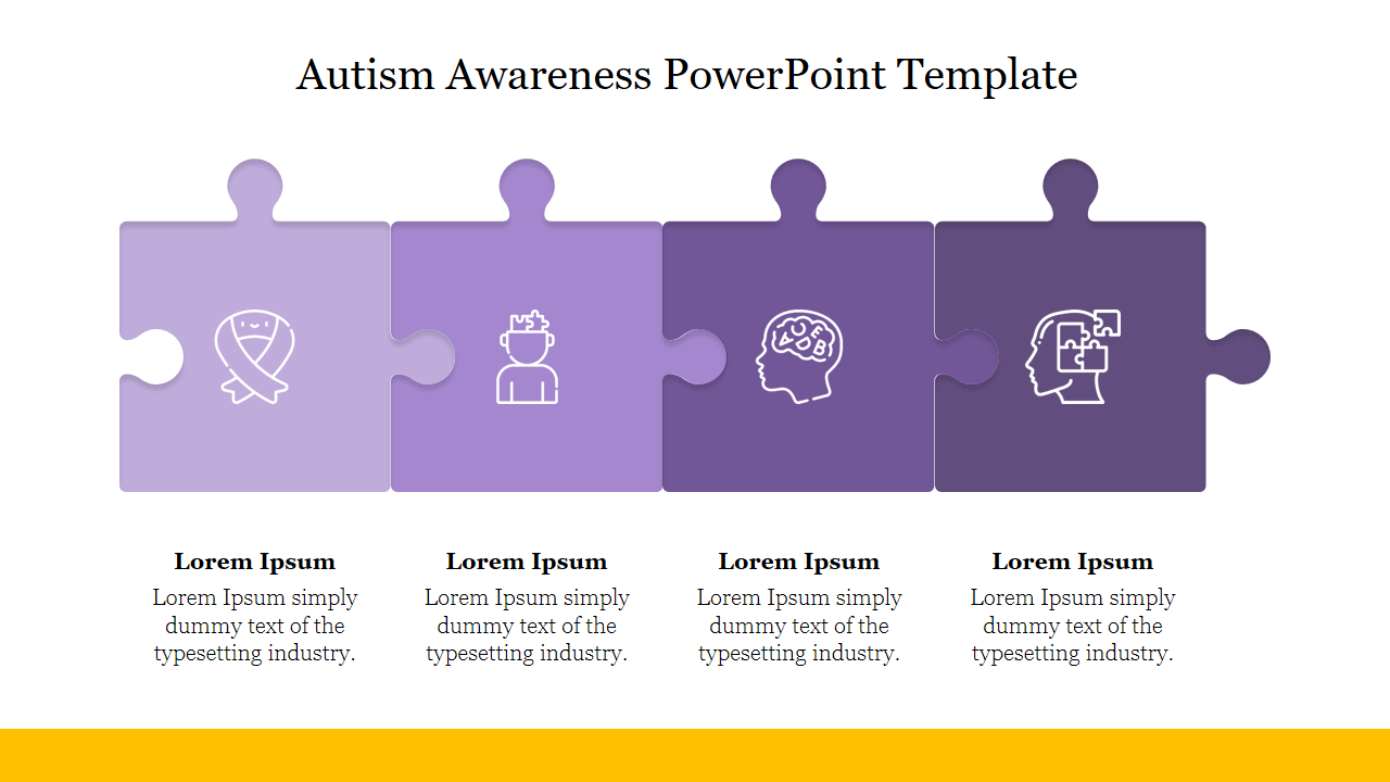 Four interconnected purple puzzle pieces with icons representing autism awareness concepts, and descriptive text below.