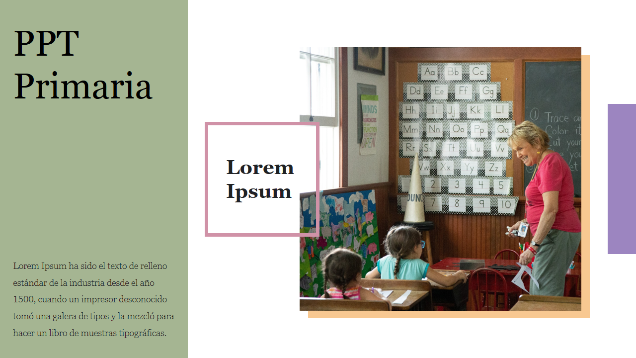 A green panel with text, a photo of a teacher with children, and a pink bordered text block overlapping both.