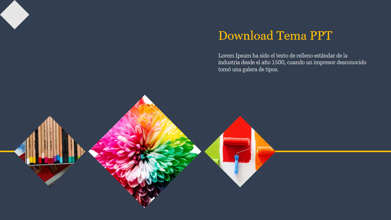 Downloadable PowerPoint theme slide with vibrant images of pens, flowers, and paint tools.