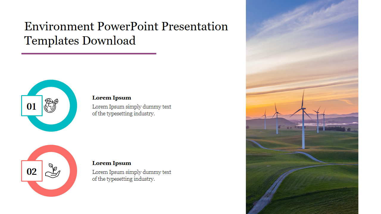 Slide for environment presentation featuring icons and text placeholders, with a wind energy image in the background.