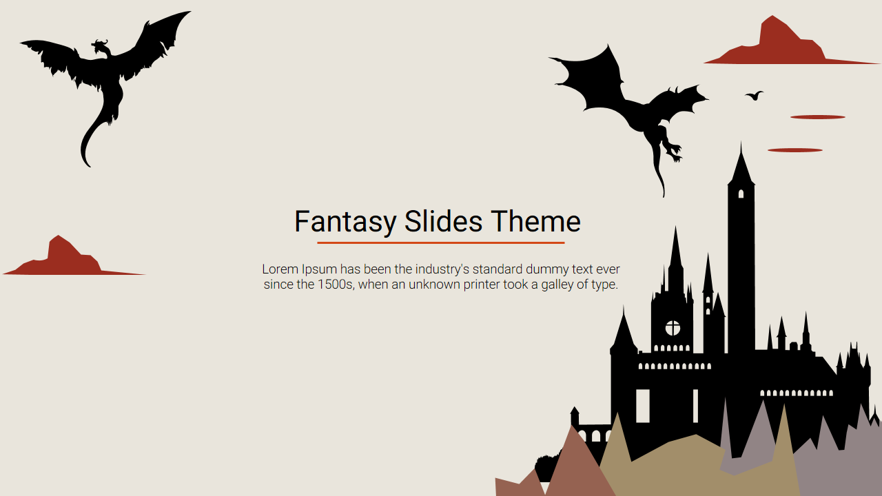 Mystical fantasy slide with dark dragon silhouettes flying over a towering castle with a creative backdrop and text area.