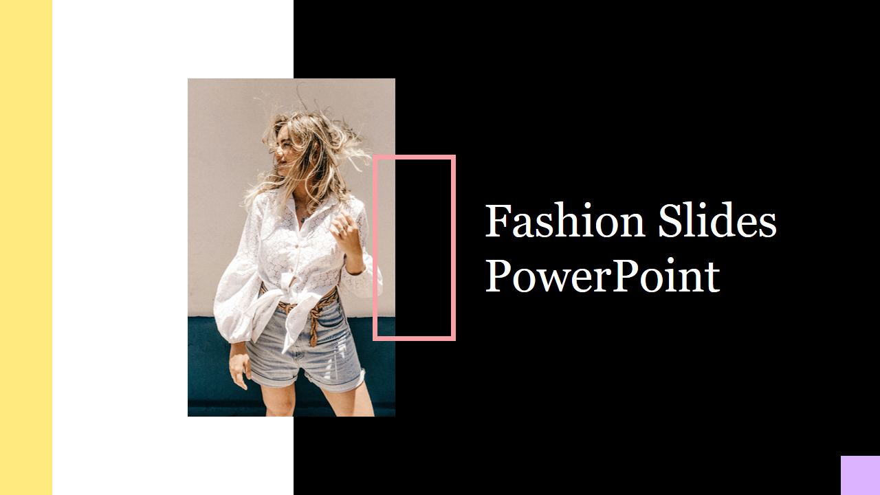 Fashion presentation slide with a picture of a woman wearing a white blouse and denim shorts.