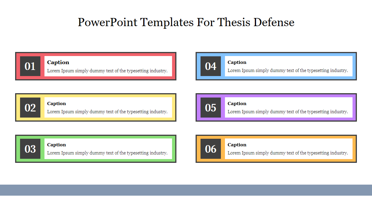 Thesis defense slide features six multicolored, rectangular sections, each labeled with a number and placeholder text.