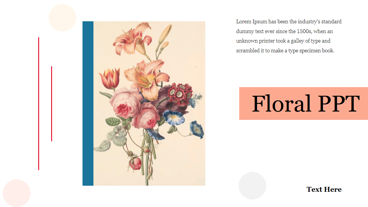 Floral themed PowerPoint template with vintage flower illustration and placeholders for text on a white backdrop.