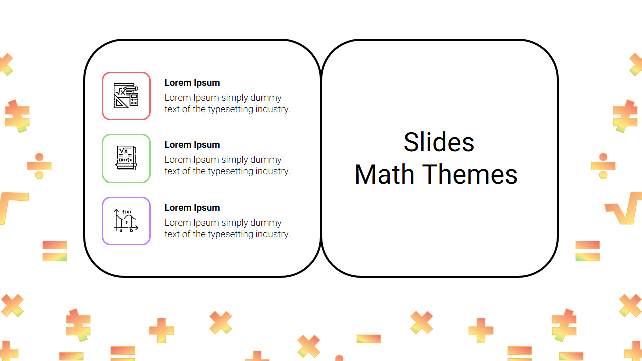 Two rounded rectangles side by side, with three icons and title, surrounded by math symbols in orange and yellow tones.