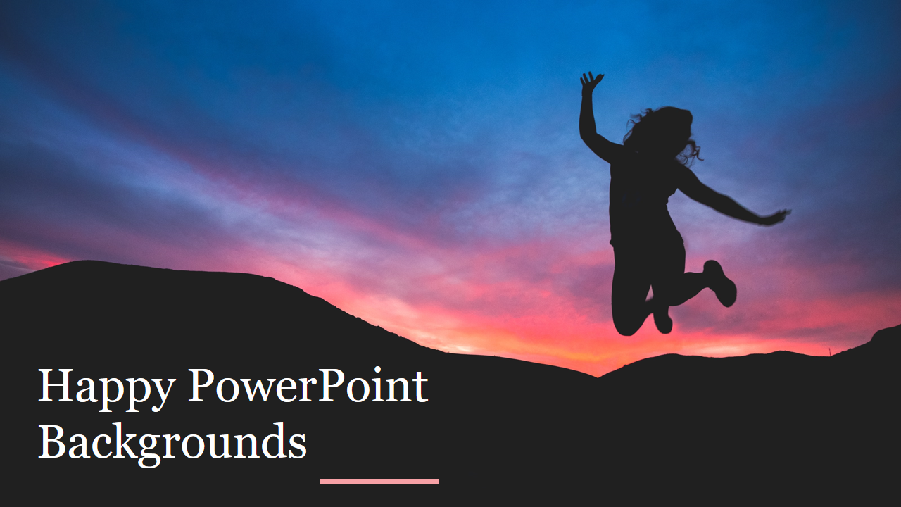 Happy PowerPoint backgrounds with a silhouette of a person joyfully jumping against a vibrant sunset sky.