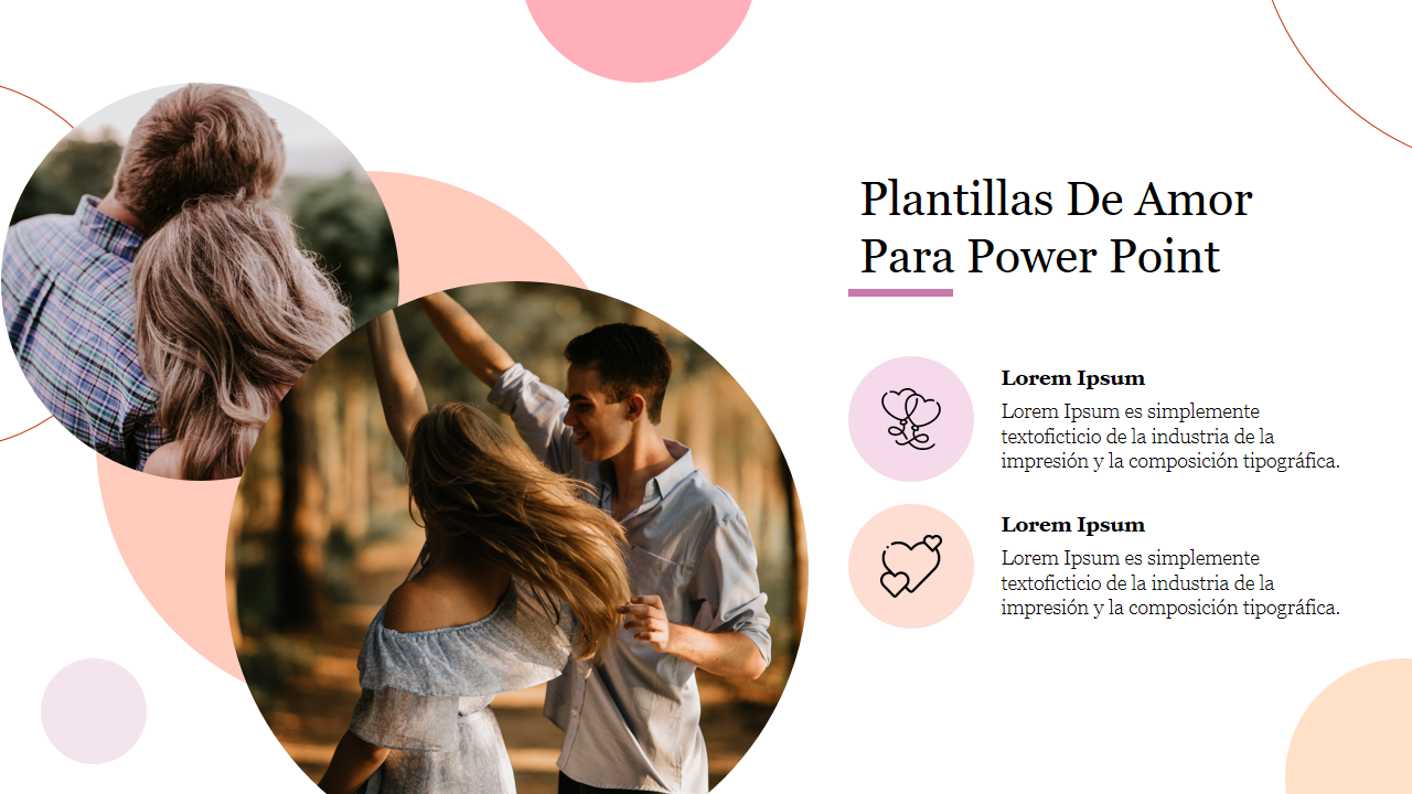 Plantillas De Amor Para Power Point featuring circular photos of a couple and icons of hearts with caption areas.