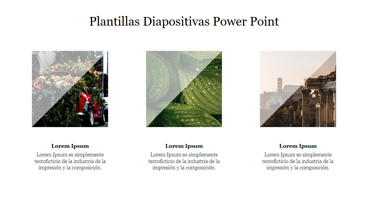 Plantillas Diapositivas PowerPoint showcasing vibrant images of flowers, leaves, and historical ruins with placeholder text.