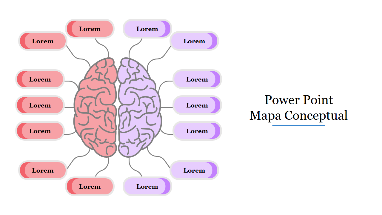 Mapa conceptual with a brain and 12 connected branches, each labeled with placeholder text.