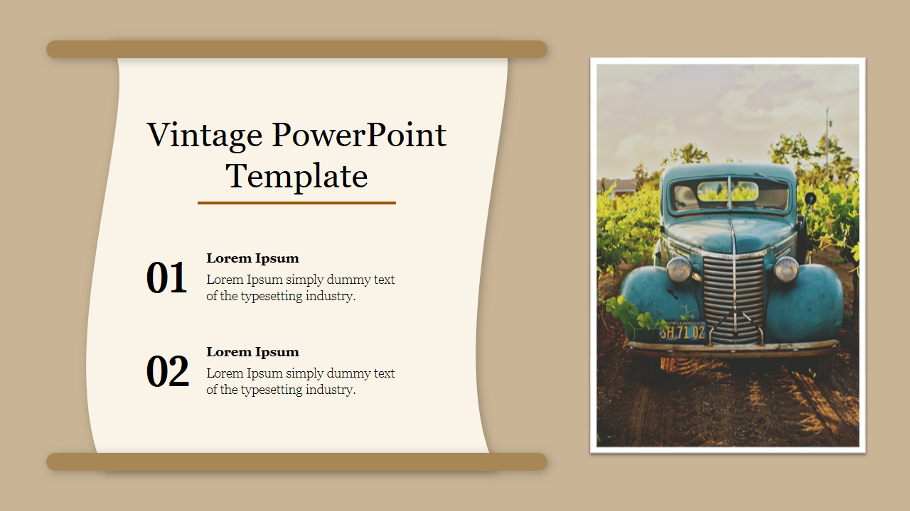 Vintage slide featuring an old scroll design with a blue truck image on the right and placeholder text on the left.