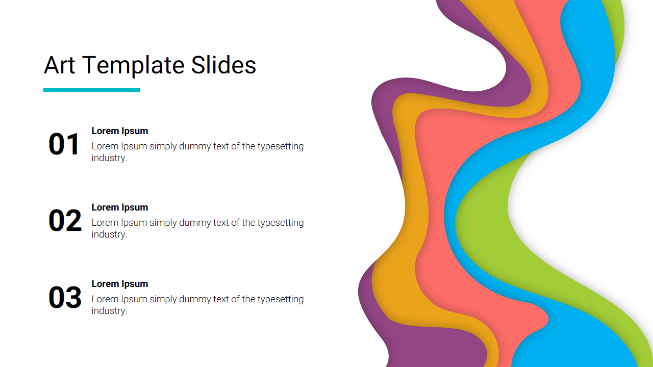 Creative art slide with colorful abstract shapes on the right and three numbered text sections on the left.