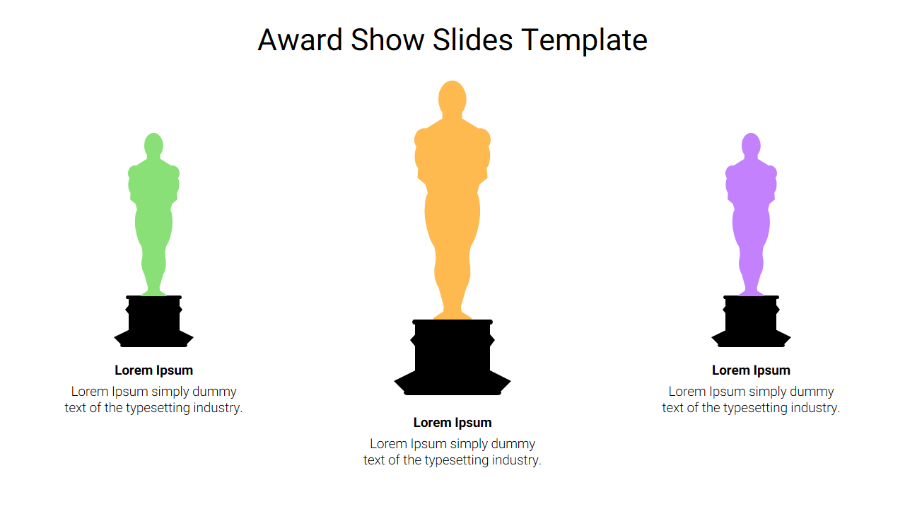 Award show slide with green, orange, and purple statues on black bases, and placeholder text below.